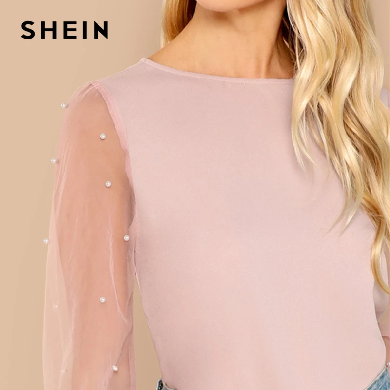 SHEIN Блузка С Прозрачными Рукавами Бусинами Нарядная Длинными Сетчатыми Рукавами|