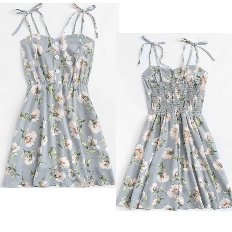 New Fashion Womens Ladies Boho Floral Printed Mini Dress Summer Strapless Dresses Button Bohemian Sleeveless V-neck Empire | Женская