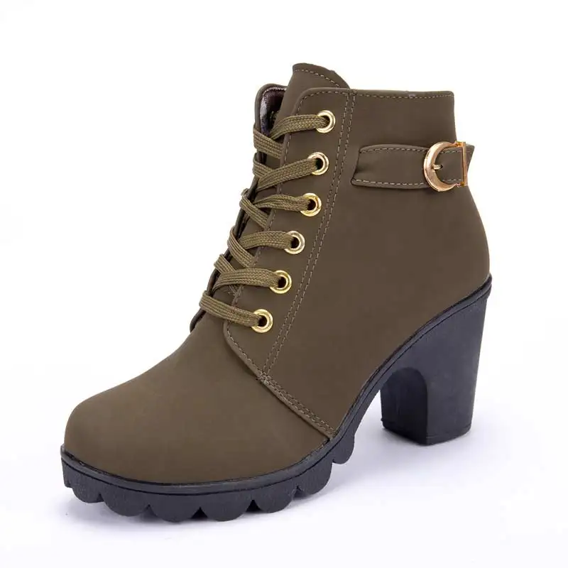 Ankle boots women 2019 new elegant square heel shoes woman high solid color vintage fur lace-up | Обувь