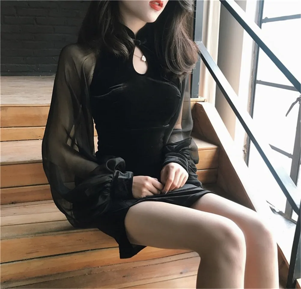 Женское бархатное платье в стиле ретро черное облегающее Чонсам с разрезами на