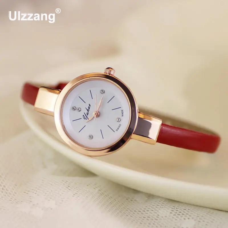 Женские кварцевые часы Yuhao с тонким кожаным ремешком и стразами розовое золото