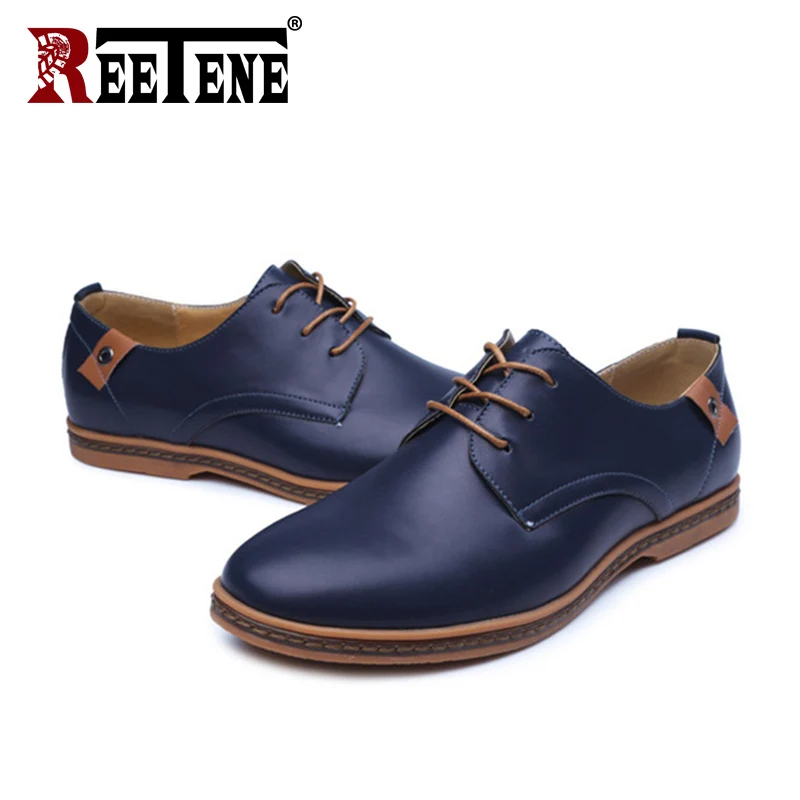 Blue Reetene/Повседневная кожаная мужская обувь; модные мужские туфли на плоской подошве с круглым носком; удобная офисная Мужская обувь; свадебные туфли оксфорды для мужчин - Цвет: Blue
