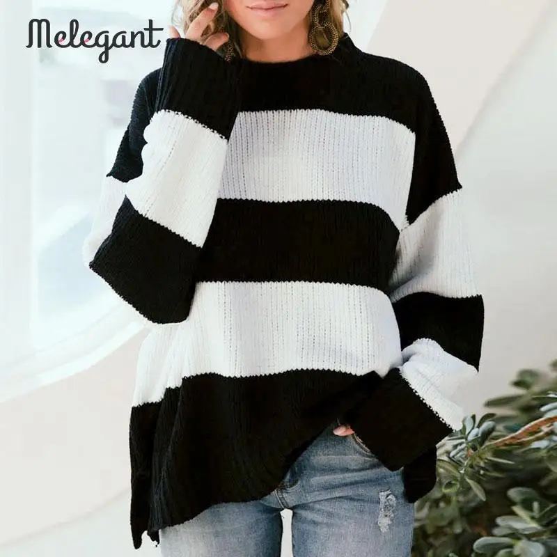 Melegant Stripe Patchwork Loose Casual Winter Sweater Women Knitted Knitwear Femme Sweaters Pullover Plus Size | Женская одежда