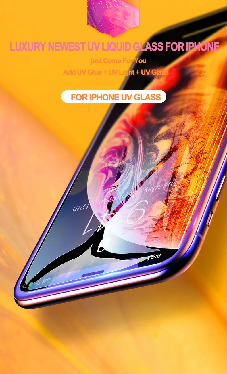 Жидкое ультрафиолет закаленное стекло для iPhone XS MAX XR X 6 6S 7 8 Plus полное покрытие Protctor чехол для экрана полное покрытие для iPhone X 7 8