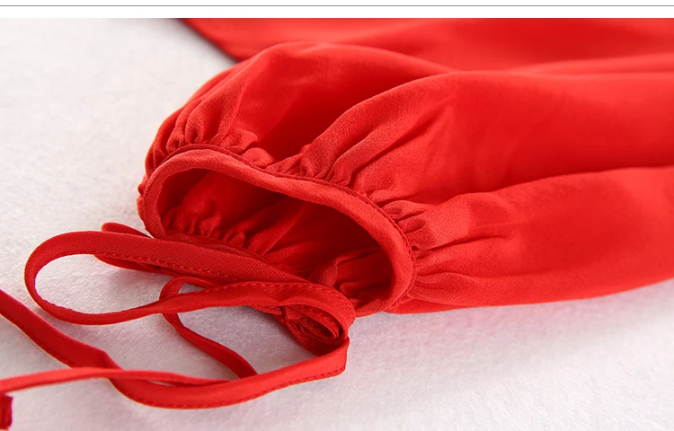 Women's lattern sleeve tie at collar red silk blouse top 2017 summer |