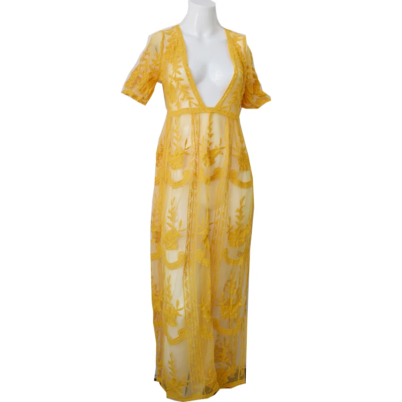 Women Long Maxi Dresses Bohemia V-neck short Sleeve Floral lace Summer Beach Female Split Stylish Style Dress | Женская одежда