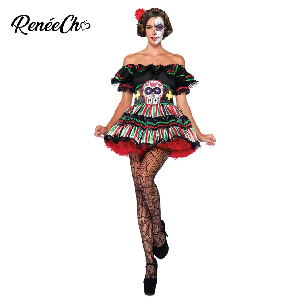 Halloween Costumes For Women Day Of The Dead Doll Costume Scary Lady Skeleton Skull Cosplay Sexy Off The Shoulder Fancy Dress
