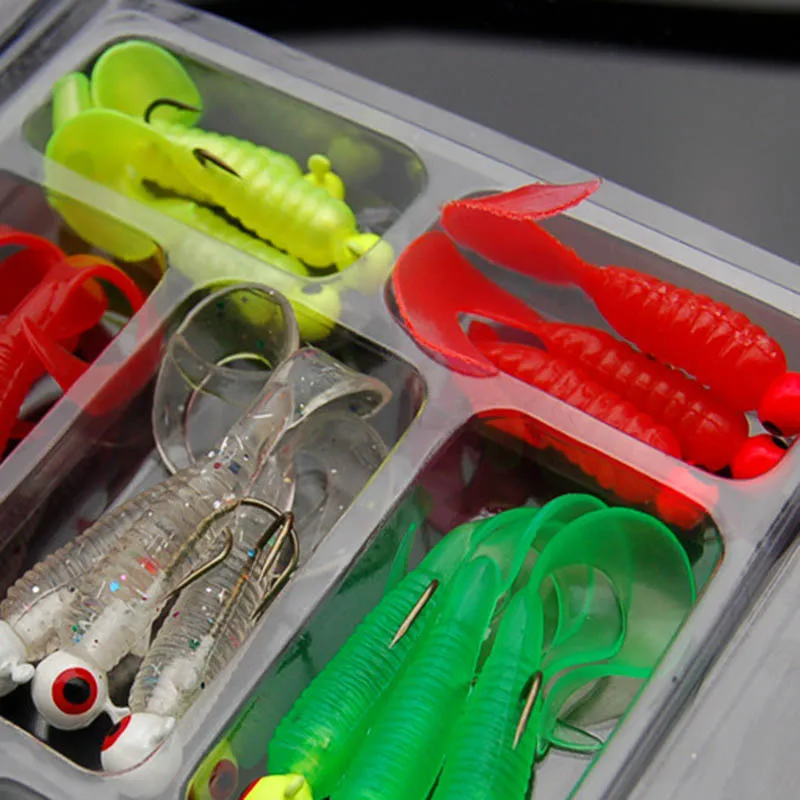 21Pcs/Set Mini Soft Fishing Lure Lead Jig Head Hook Grub Worm Silicone Fish Baits for Ocean Carp FG66 | Спорт и развлечения