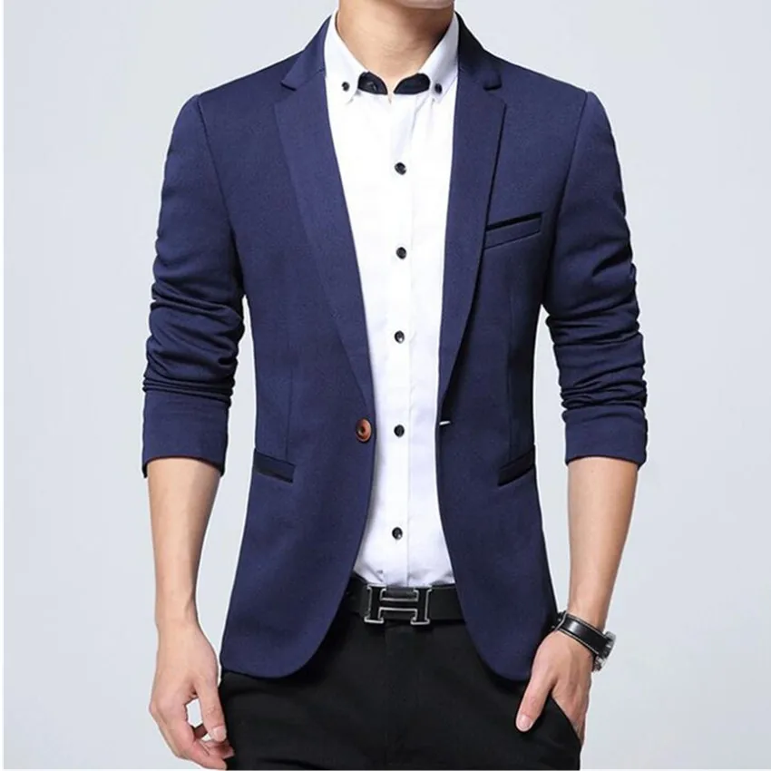 Navy blue Весна и осень, Мужской Блейзер, модный бренд, Бизнес Стиль, Повседневный, самосовершенствование, сплошной цвет, большой размер, хлопок, мужские блейзеры - Цвет: Navy blue