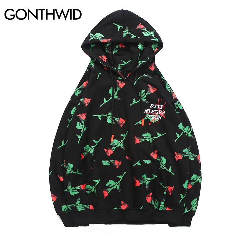 GONTHWID красная роза полный печатных вышивка худи с надписью мужские хип хоп