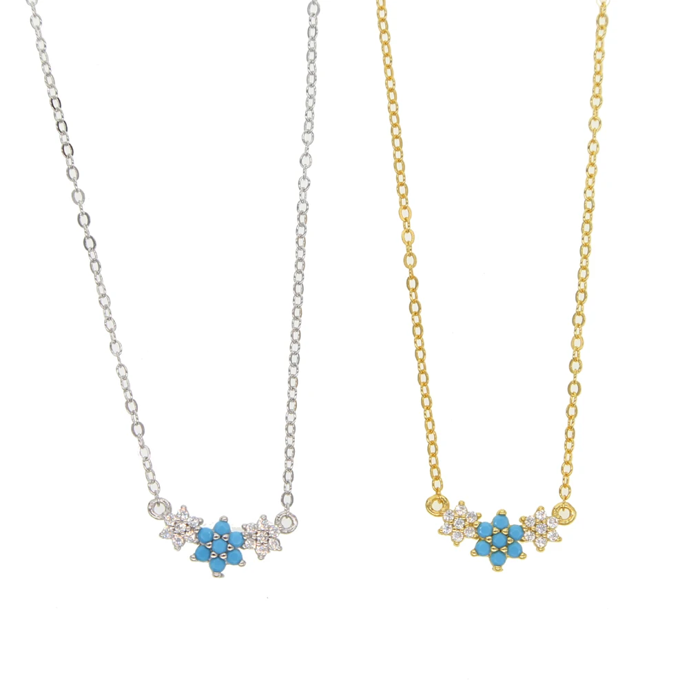 New arrival fashion jewelry shiny blue stone flower with cz crystal blossom choker necklace silver sterling statement chain