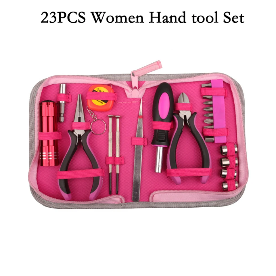 23 шт. бытовой женский набор инструментов розового цвета дрели плоскогубцы