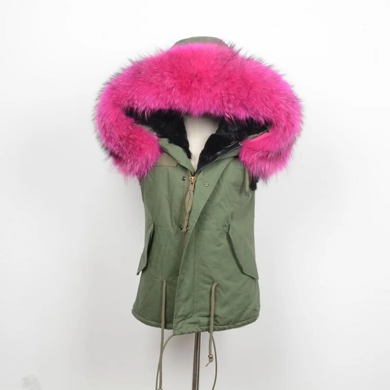 Jancoco Max новый зеленый жилет черная подкладка с настоящим воротники из меха енота