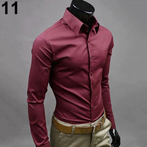 Wine Red Мужская модная повседневная однотонная приталенная Мужская рубашка ярких цветов с длинным рукавом, мужские рубашки из хлопка и полиэстера, рубашки для мальчиков, короткий топ, 15 - Color: Wine Red