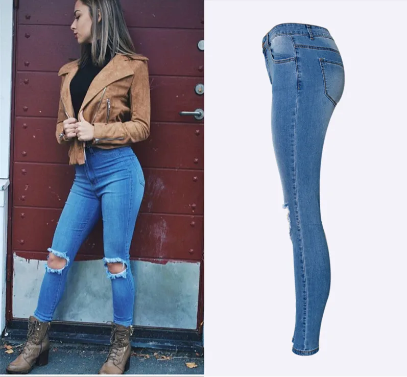 Модные потертые Узкие синие джинсы с высокой талией эластичные уличные