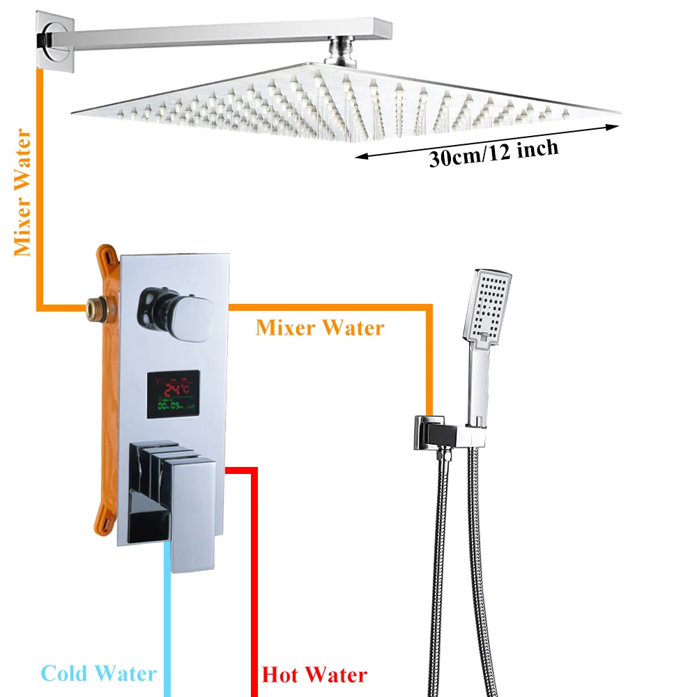12 inch Shower Set Смеситель для ванной комнаты с хромированным цифровым дисплеем, смеситель для ванной, настенный смеситель для ванной, смеситель для ванной комнаты - Цвет: 12 inch Shower Set