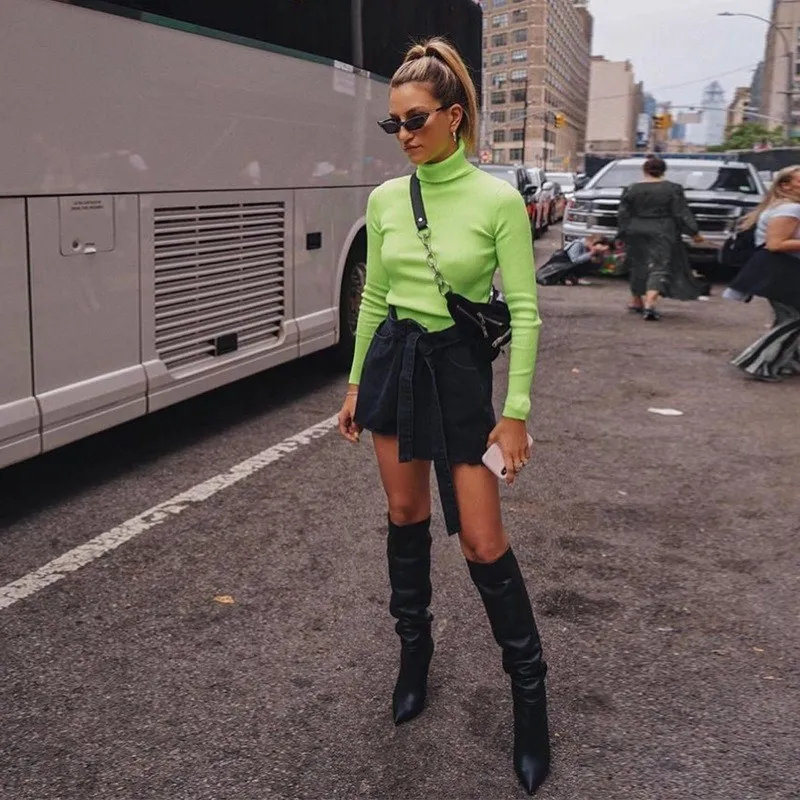 New Arrival Female Turtleneck Thin Sweater Casual Fluorescent Green Knitted Pullover Autumn Winter Long Sleeve Slim Knitwear | Женская