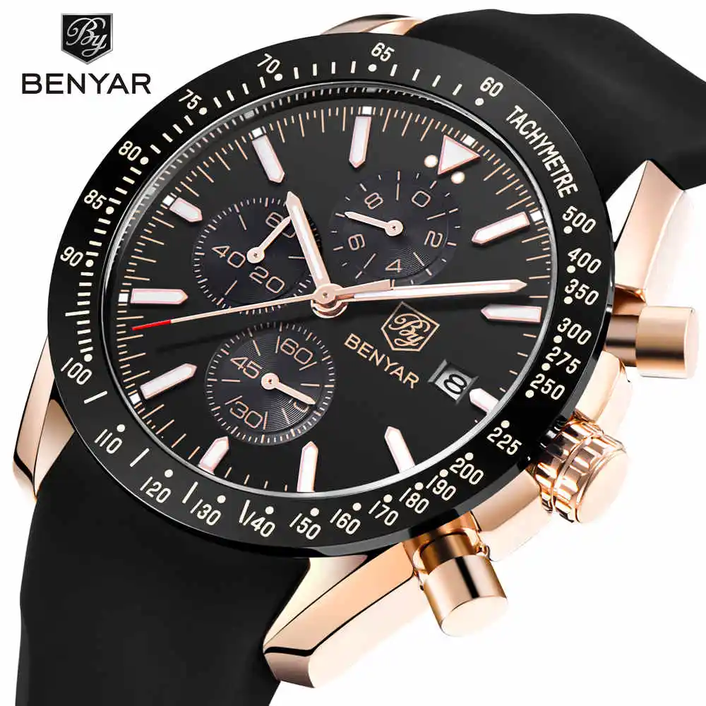 

Мужские спортивные часы BENYAR, водонепроницаемые кварцевые часы с силиконовым ремешком и секундомером, 2018