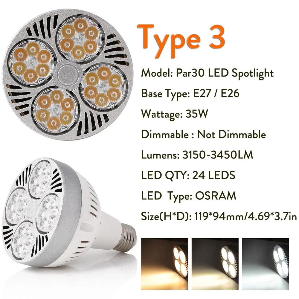 Type 3 180V-265V 35W PAR30 лампа 35 Вт 45 Вт трековые прожекторы световые лампы E27 COB светодиодный теплый/холодный/натуральный белый точечные лампы для кухни магазин одежды - Испускаемый цвет: Type 3 180V-265V 35W