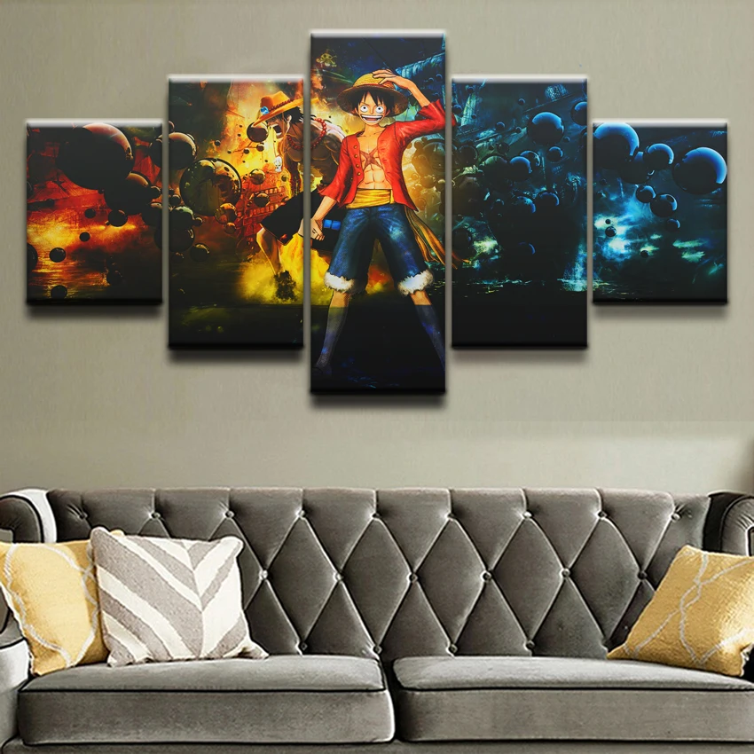 5 панельных холщовых картин One Piece Portgas D. Ace модульные картины для гостиной