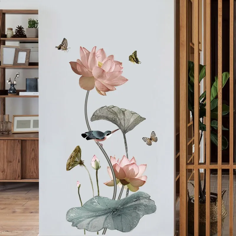 

Chinese Style Lotus Flower butterfly Stickers Living Room Decor Wall Stickers Sofa Wall Decals Vintage Poster Stikers Art