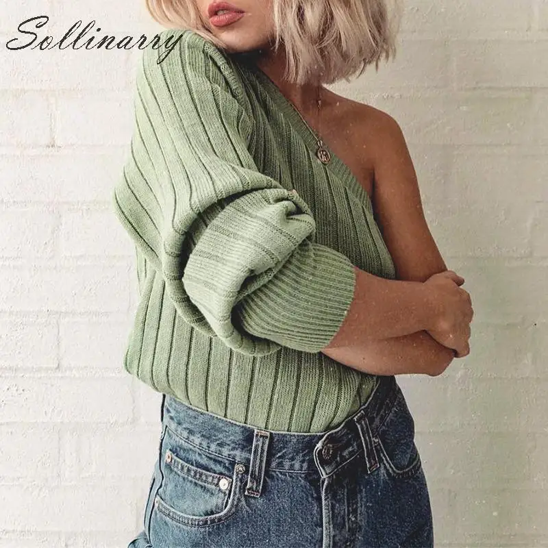 Sollinarry мятно-зеленый вязаный осенне-зимний свитер для женщин на одно плечо модный
