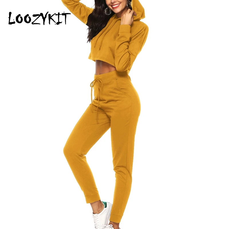 Loozykit 2019 спортивный костюм женские однотонные толстовки с капюшоном Топ длинным
