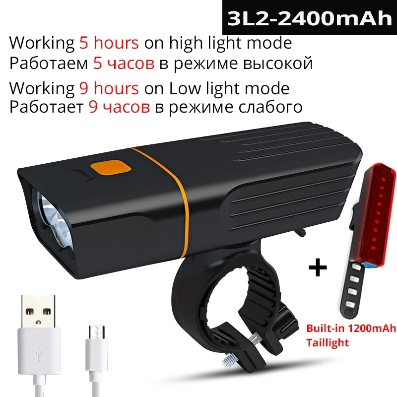 3L22400mAh taillight Велосипедный светильник на 5200 мА/ч L2/T6 USB Перезаряжаемый внешний аккумулятор встроенный 2*18650 батареи 3 режима Водонепроницаемый головной светильник Аксессуары для велосипеда - Цвет: 3L22400mAh taillight