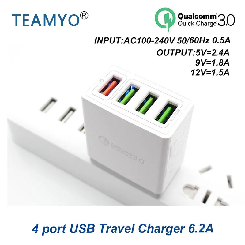 Дорожное зарядное устройство с 4 портами 6 2 А быстрая зарядка 3 0 USB быстрое для Samsung