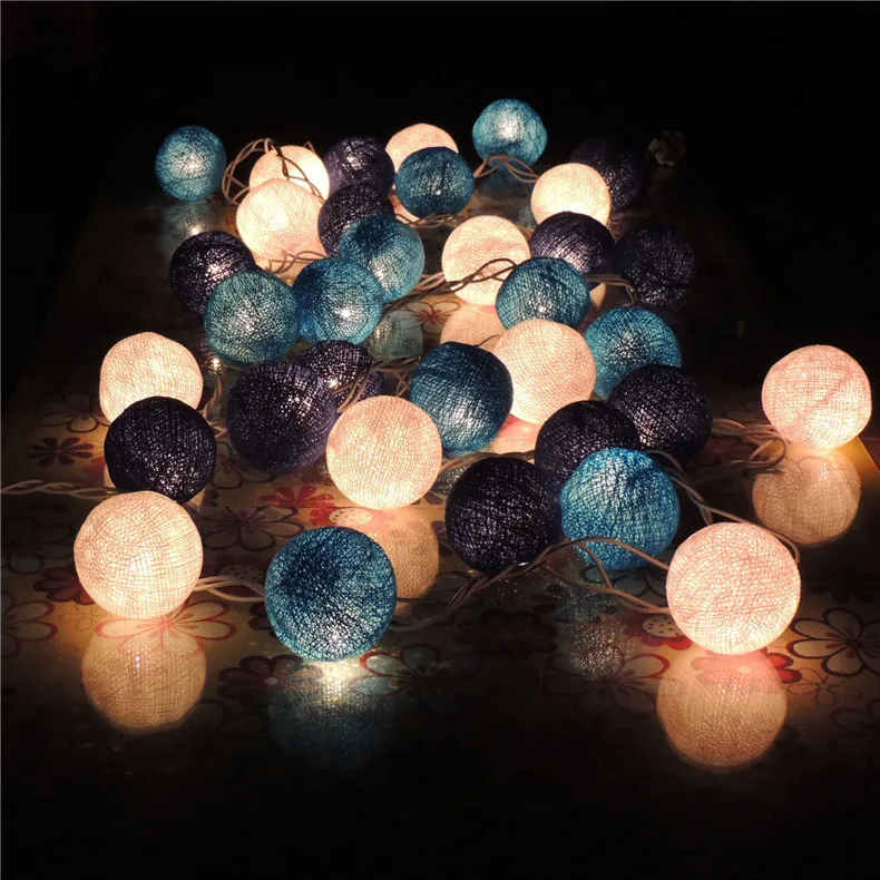 

Thai Style 20Pcs/Lot Blue Cotton Ball LED Battery Powered or US Plug String Lights Fairy for XMas Party Garland Party Wedding
