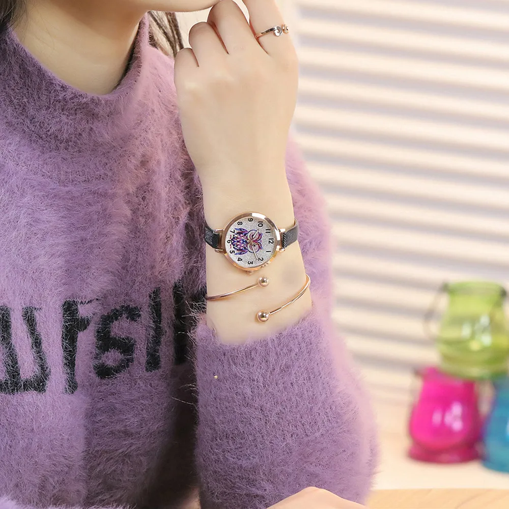 Women Cute Leather Strap Watches Owl Design Quartz Wristwatches Ladies Casual Dress Bracelet Wrap Gift Bayan Kol Saati | Наручные часы