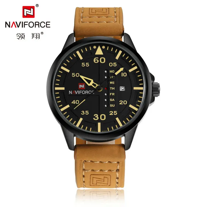 BROWN YELLOW NAVIFORCE новые модные спортивные часы мужские кварцевые аналоговые с указанием даты часы из натуральной кожи ремешок водонепроницаемые Роскошные брендовые наручные часы - Цвет: BROWN YELLOW