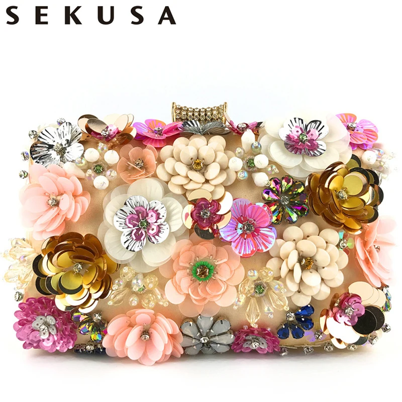 

SEKUSA Flower Bohemian Handmade Style Women Evening Bags Crystal Party Wedding Bridal Lady Day Clutches Purse Embroidery Purse