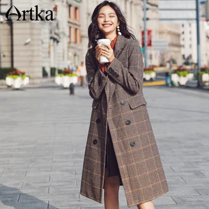 ARTKA 2018 Новая серия город осень и зима отложной воротник в клетку двубортное длинное пальто на пуговицах JF17003