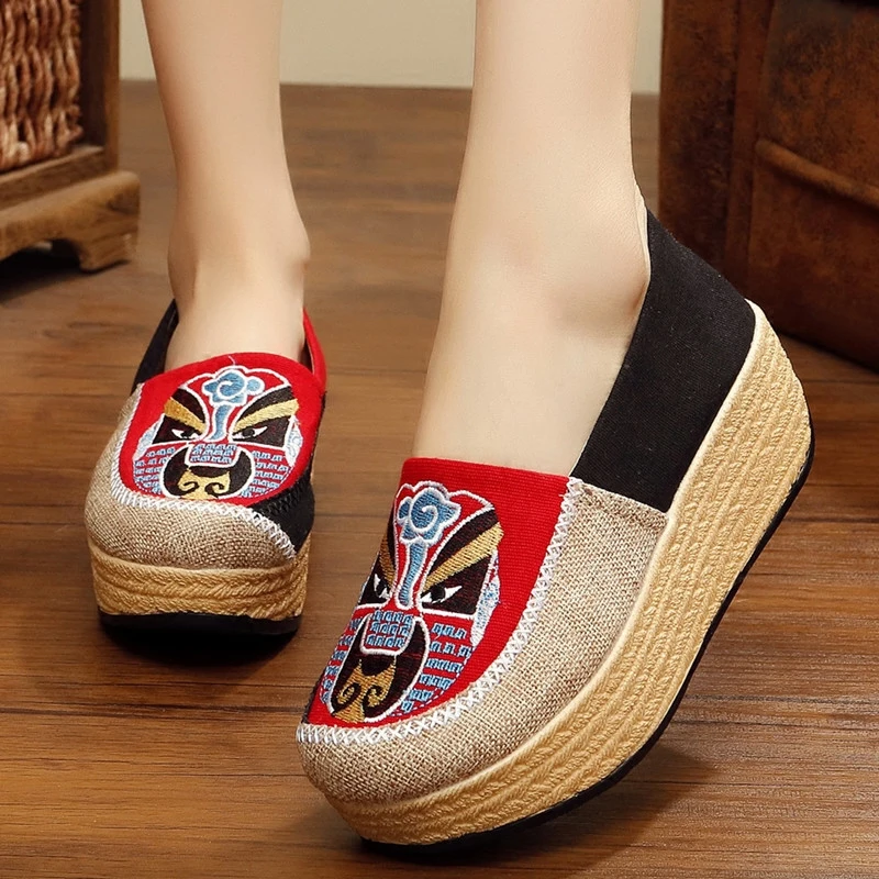 Женская парусиновая обувь в стиле пекинской оперы Туфли на высокой танкетке