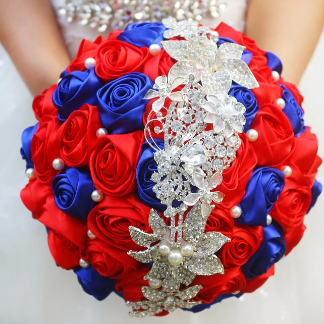

DIY brooch bouquet Silk Bride Bridal Wedding Bouquet Bridesmaid Red &Midnight Blue Cloth roses Customizable diamond bouquets