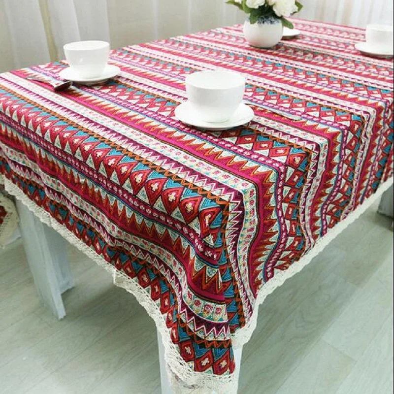 скатерть Винтаж Кружево вышитая Полосатый печати Скатерти синий и красный цвета