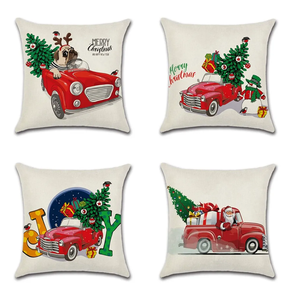 Merry Christmas Red Car with dog Santa Claus Tree Cushion Cover Decoration for Home kids bedroom friend gift sofa Pillow case | Дом и сад
