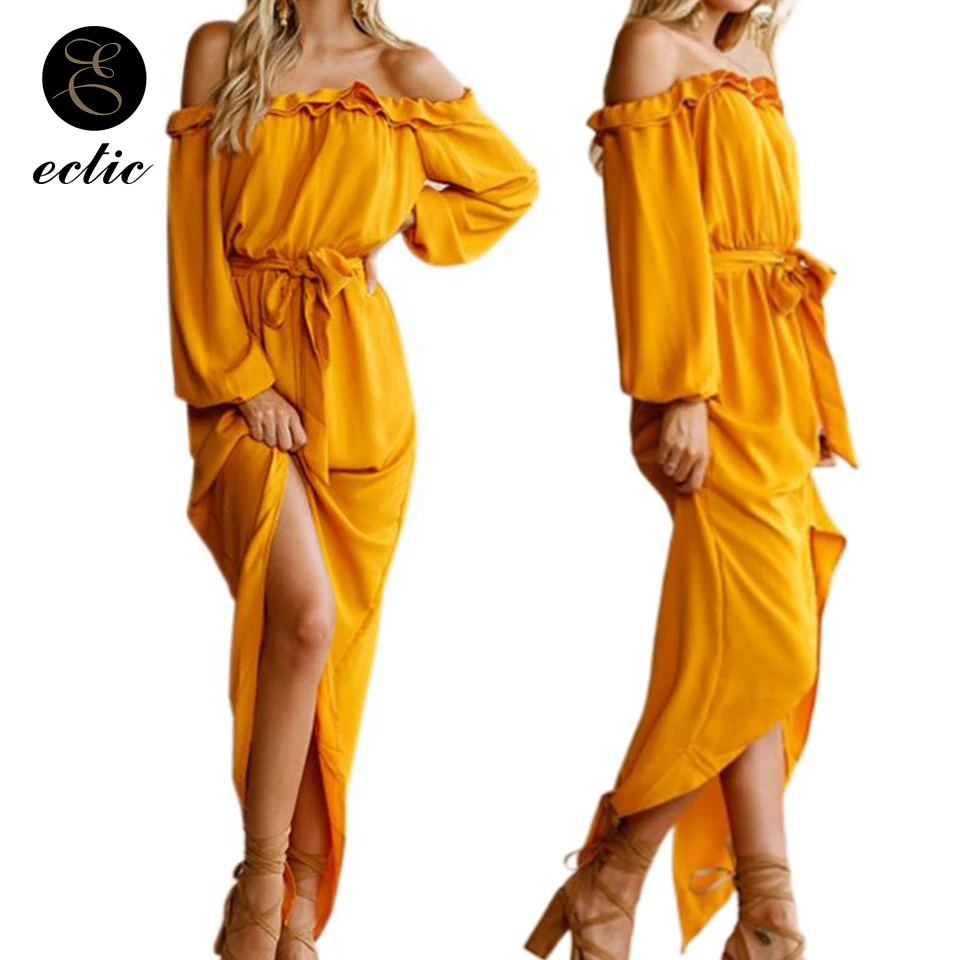 Off Shoulder Ruched Thigh Slit Dress Sukienka Plain Maxi Long Sleeve Women Robe Femme Ete 2021 Back Short Front | Женская одежда