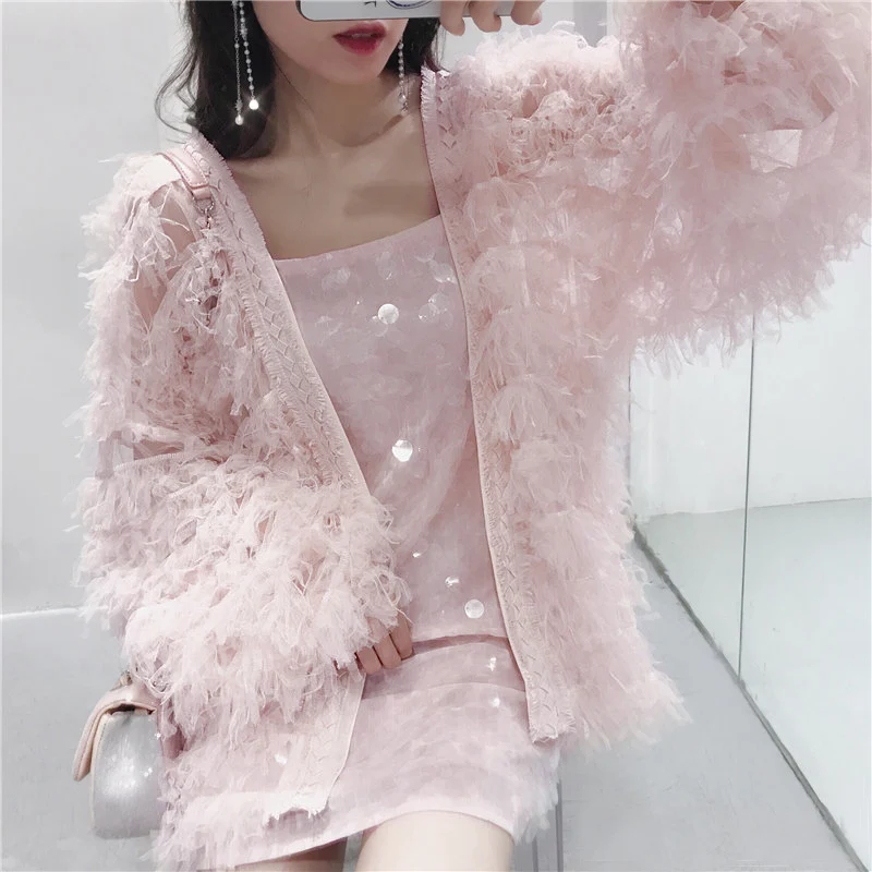Korean version of temperament hair tassel transparent chiffon cardigan female summer new college wind solid color loose coat | Женская
