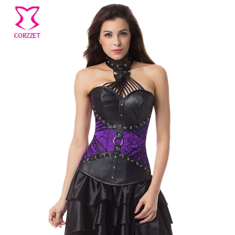 Purple Brocade and Black Leather Strappy Halter Top Bustier Sexy Steampunk Corset Gothic Clothing Plus Size Corsets and Bustiers