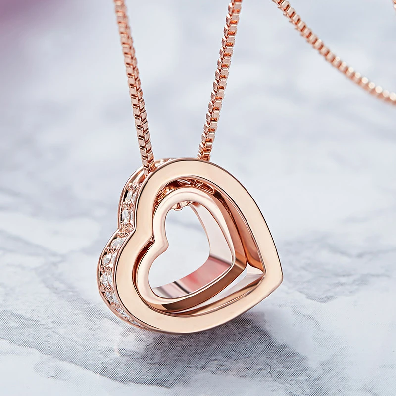 Warme Farben Korean Rose Gold Color Necklace for Women Double Heart Pendant Necklace Fashion Jewelry Choker Necklace Collares