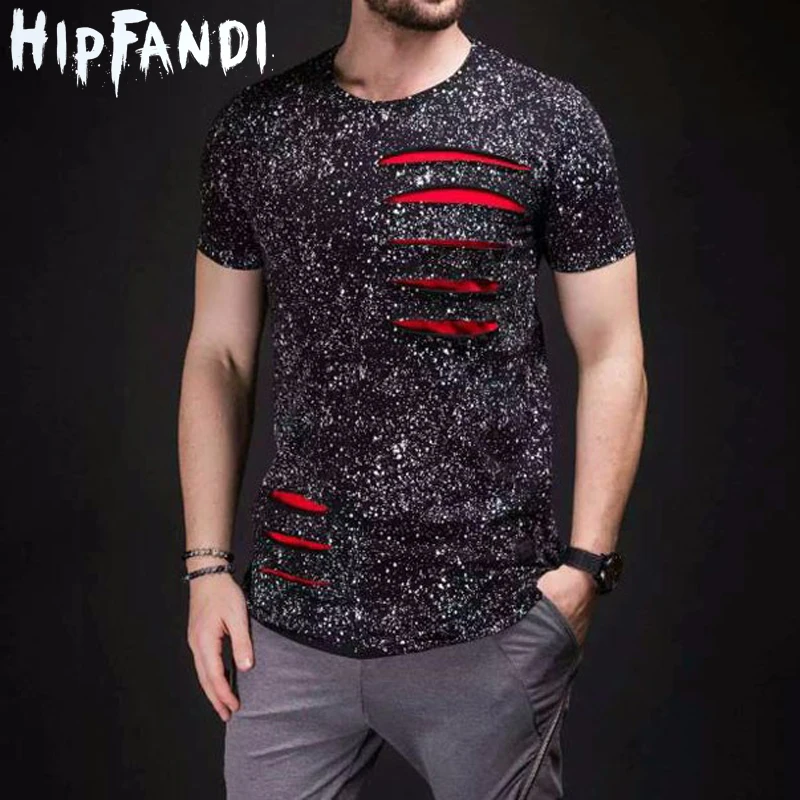 

HIPFANDI Brand Designer Mens Curved Hem Ripped Tee Shirts Fashion Hi-Street Hip Hop T Shirt Short Sleeve Streetwear Tshirt Men