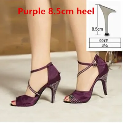 Purple 85mm thin hee Продвижение по индивидуальному заказу на высоком каблуке Одежда высшего качества Для женщин атлас с Стразы Обувь для танцев; цвет нежно-фиолетовый, синий, женские туфли на высоком каблуке с открытым носком латиноамериканских танцев - Цвет: Purple 85mm thin hee