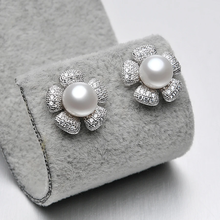 

FEIGE Flower Shape 100% 925 Sterling Silver Pearl Stud Earrings for Women 7-8mm White Natural Freshwater Pearl Earrings Stud