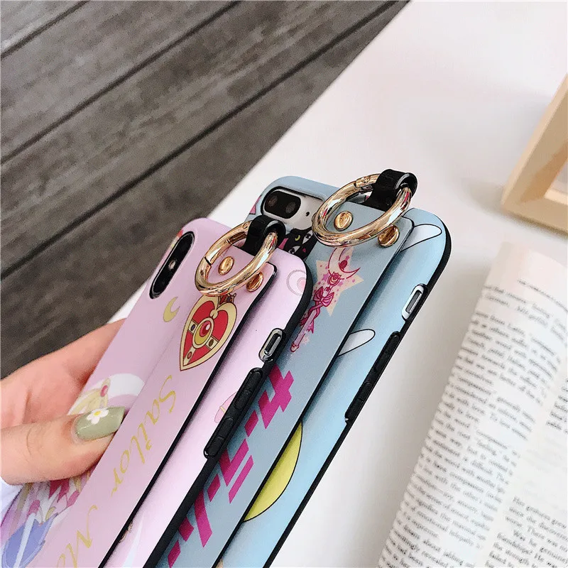 Sailor Moon Wrist Strap 6 s case phone for iphone 7 8 6s plus fundas xs max xr scrub silicon soft girls wristband holder cover |