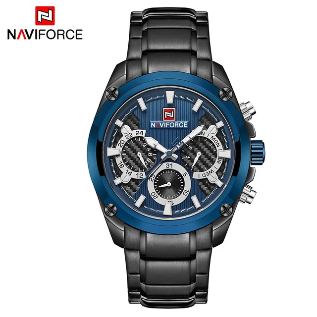 black blue Новая мода для мужчин s наручные часы naviforce Militray Спорт кварцевые 24 часы с датой для мужчин смотреть полный сталь водонепроница - Цвет: black blue
