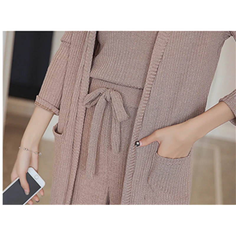 New Spring Summer Three pieces Set Women's Long sleeved Cardigan + Knitted Camisole Wide Leg pants Female Suit Clothing CY276 | Женская