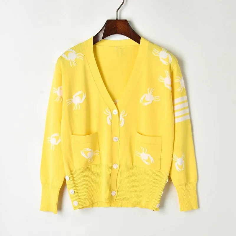 Crayfish Jacquard Knit Cardigans Womens Sweaters 2019 Spring V-Neck Single Breasted Cardigan Runway Sweater Causal Coat |