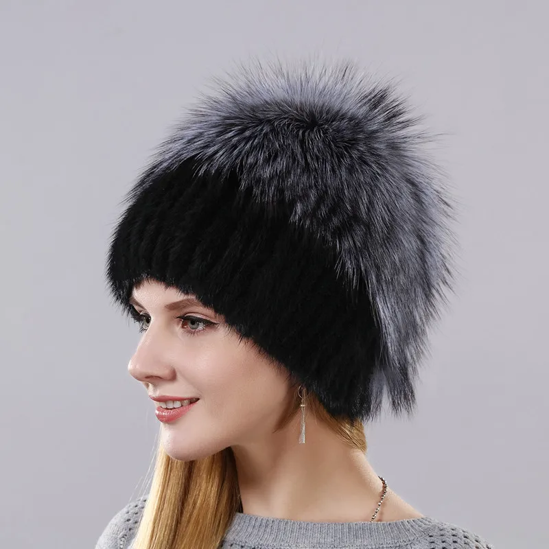DENPAL Fashion Hat Warm Winter Cap For Women Real Natural Mink Fur And Silver Fox New Design With Chain In The Back | Аксессуары для